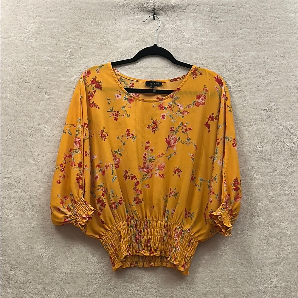 1. State - Yellow/Orange Floral Smocked Blouse with Relaxed Sleeves